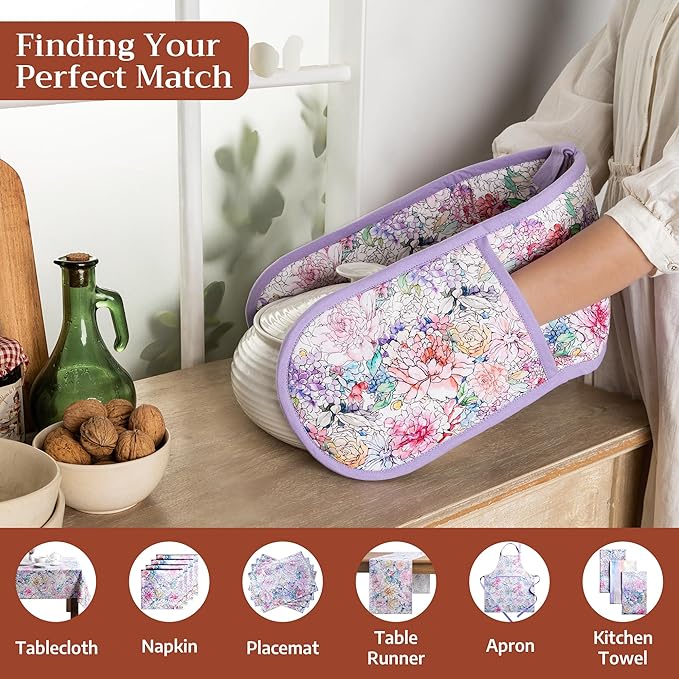 Maison d' Hermine Double Oven Mitts 100% Cotton 7"x35" Double Oven Mitt Heat Resistant BBQ Cooking Gloves with Loop Baking Grilling Kitchen Hotel Home Farmhouse Spring Summer (Floral Love)