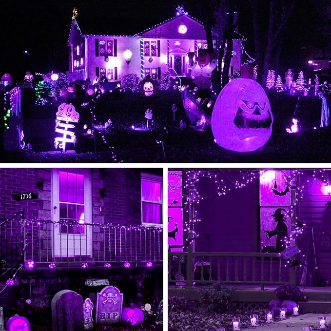Solar Powered String Lights Outdoor, 2 Pack Total 200 LED 66FT Solar Powered Halloween Decorative Fairy Lights 8 Modes Black Wire for Halloween, Garden, Patio, Party, Yard, Christmas(Purple)