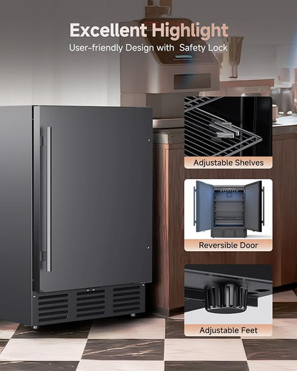 24 Inch Beverage Refrigerator, 181 Cans Under Counter Refrigerator, Outdoor Fridge with Stainless Steel Door, for Soda/Water/Beer, Outdoor Refrigerator for Patio/Outdoor Kitchen/Bar/Office (Black)
