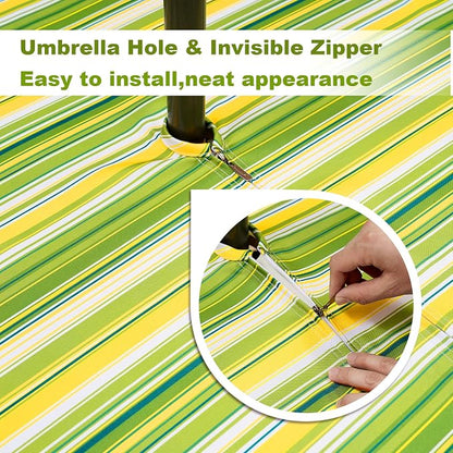 SquarePie Outdoor Tablecloth Rectangle with Umbrella Hole and Zipper Waterproof Stain Resistant Table Linen Cloth for Patio Picnic Camping BBQS Garden Party, 52x70 Green Stripe