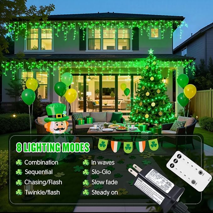 JMEXSUSS Green Icicle Christmas Lights Outdoor, 400 LED 38.8Ft | Connectable String Lights Plug in Indoor Outdoor, Icicle Lights for St Patrick's Day House Fireplace Party Yard Decoration