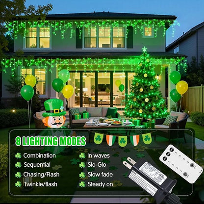 JMEXSUSS Green Icicle Christmas Lights Outdoor, 400 LED 38.8Ft | Connectable String Lights Plug in Indoor Outdoor, Icicle Lights for St Patrick's Day House Fireplace Party Yard Decoration