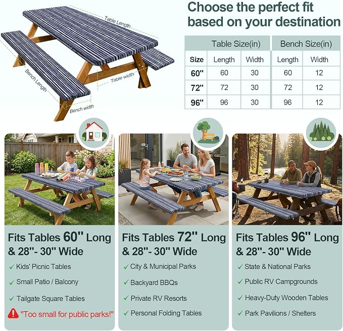 Picnic Table Cover Bench Covers Camping Essentials Tablecloth | Waterproof Vinyl for Outdoor, Windproof Elastic Fitted Edges, RV BBQ Accessories Must Haves, Storage Bag Included