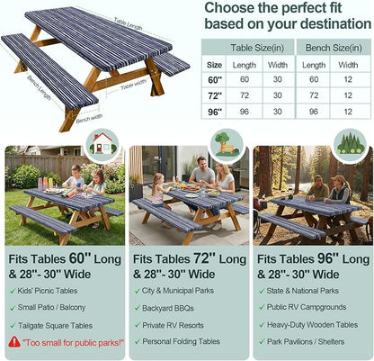 Picnic Table Cover Bench Covers Camping Essentials Tablecloth | Waterproof Vinyl for Outdoor, Windproof Elastic Fitted Edges, RV BBQ Accessories Must Haves, Storage Bag Included