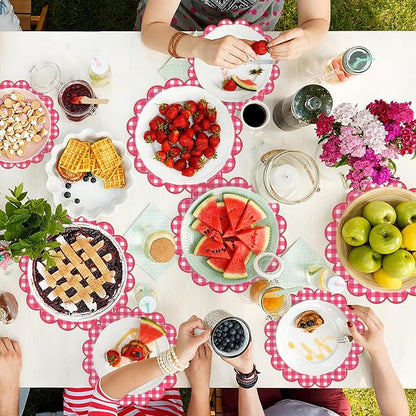 100Pcs Checkered Paper Placemats Red Gingham Place Mats 13.5 Inch Disposable Round Decorative Dining Table Mats with Scalloped Edges Paper Cutouts Decor for Summer Picnic BBQ Table Party Supplies