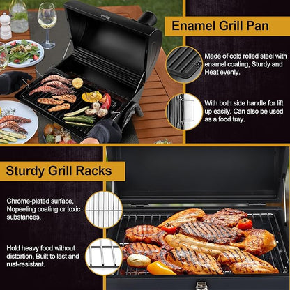 Portable Charcoal Grill (2 IN 1 Double-Sided) & Charcoal Chimney Starter with Clamp Set, Joyfair Small Tabletop Barbecue Grill with Food Tray & Rack, BBQ Grill Fire Starter for Outdoor Camping