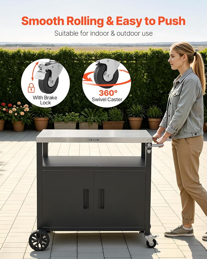 VEVOR Outdoor Grill Cart with Storage Cabinet, 36.4 Inch Grill Table, Waterproof Kitchen Island with Stainless Steel Top, Shelf, and Wheels, Movable Food Prep Station for Patio Bar Backyard BBQ