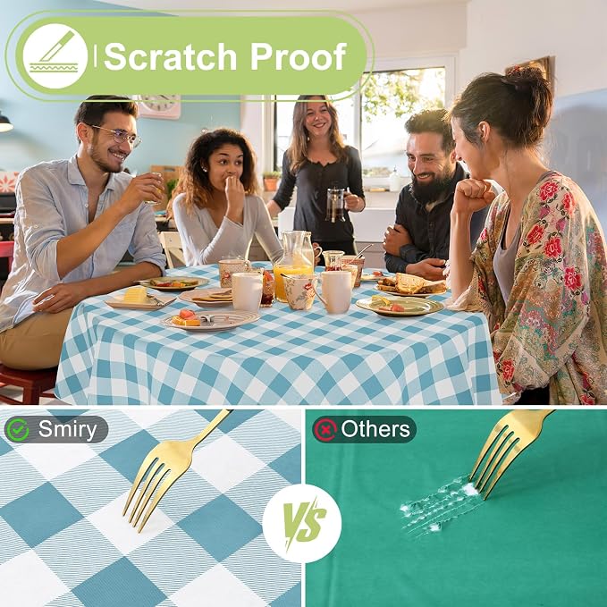Smiry Picnic Table Cloth, Vinyl Tablecloths with Flannel Backing, 60" Round | Waterproof Picnic Table Cloth, Wipeable Buffalo Plaid Table Cover for Indoor and Outdoor (Aquamarine & White)