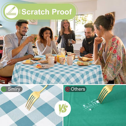 Smiry Picnic Table Cloth, Vinyl Tablecloths with Flannel Backing, 60" Round | Waterproof Picnic Table Cloth, Wipeable Buffalo Plaid Table Cover for Indoor and Outdoor (Aquamarine & White)