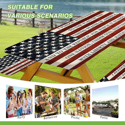 JAWO Fitted Picnic Table and Bench Cover, Vintage American Flag Pledge of Allegiance Print Waterproof Elastic Picnic Tablecloth for Outdoor Patio Camping Backyard Park, 30X96inch