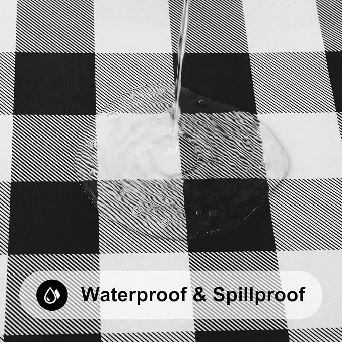 Smiry Rectangle Picnic Table Cloth, Elastic Waterproof Fitted Vinyl Tablecloths, Flannel Backed Buffalo Plaid Table Covers for Dining, Camping, Outdoor (Black and White, 18" x 72")