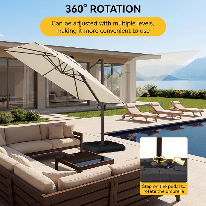 10x10FT Cantilever Outdoor Umbrella with Base, 360° Rotating Large Offset Square Patio Umbrella, Ideal for Garden Backyard Deck Courtyard, Beige