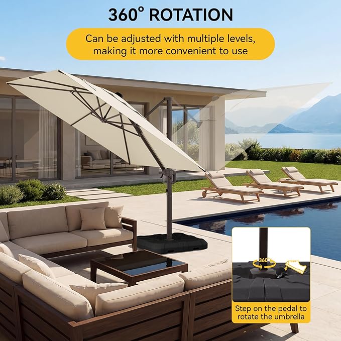 10x10FT Cantilever Outdoor Umbrella, 360° Rotating Large Offset Square Patio Umbrella, Ideal for Garden Backyard Deck Courtyard, Beige