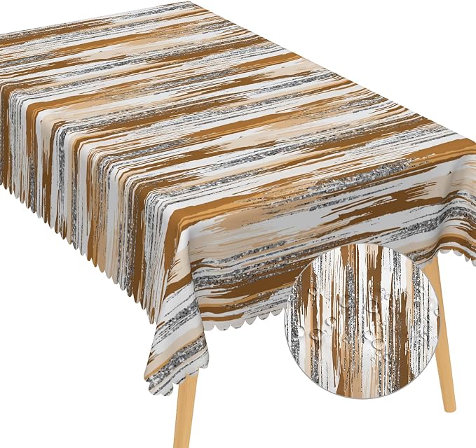 Abstract Striped Rectangle Tablecloth 60x84 Inch Brown and White Old Texture Grunge Stripes Vintage Mosaic Dust-Proof Table Cover Protector for Home Kitchen Restaurant Picnic Camping BBQ