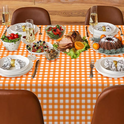 12Pcs Orange Gingham Tablecloths, Fall Checkered Table Covers 54x108 In | Orange and White Checkered Tablecloths Disposable Waterproof for Fall Picnic Halloween Barbecue Birthday Outdoor Party