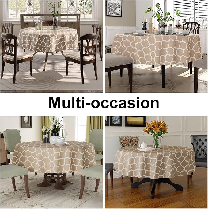 Smiry 2 Pack Round Plastic Table Cloth, Wipeable Spillproof Vinyl Tablecloths with Flannel Backing for Round Tables, Waterproof Plastic Tablecloth for Dining, Camping, and Indoor (60" Round, Khaki)