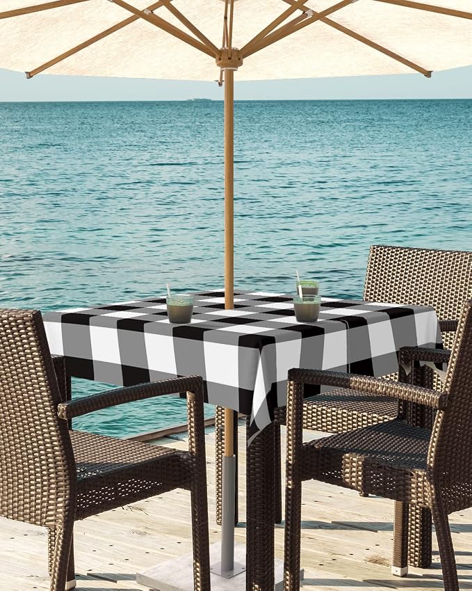 Black and White Checkered Outdoor Tablecloth - 54x54 Inch Square Dining Table Cover, Farmhouse Buffalo Plaid Waterproof Outdoor Table Cloth with Umbrella Hole & Zipper for Picnic/Patio/Party