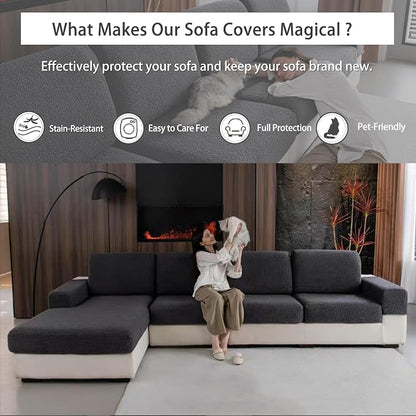 OHSIO Couch Cushion Covers for Sectional Sofa, Stretch Soft Sofa Slipcovers Washable Wear-Resistant Universal Furniture Protector for Living Room(2 Seaters Covers+1 Chaise Cover, Dark Gray)