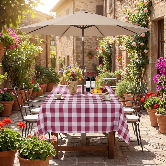 Poise3EHome Rectangle Outdoor Tablecloth with Umbrella Hole and Zipper,Burgundy Checkered 84x60 Inch,SpillProof Washable Table Cloth for Spring Summer Patio Garden Poolside Picnic Camping BBQS