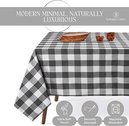 Grey and White Buffalo Check Tablecloth, 60x102 Inches, Plaid Dining Cover, 100% Cotton, Washable, Reusable Farmhouse Table Linen for Winter, Weddings, Buffet Parties, Everyday Dining