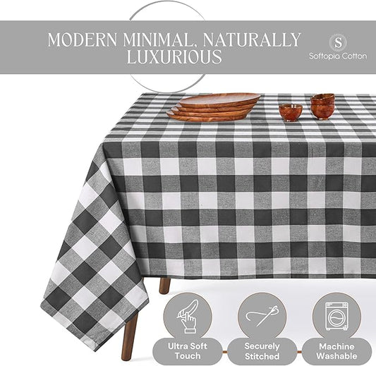 Buffalo Plaid Check 60"x84" Tablecloth 100% Cotton Washable Rustic Rectangle Table Cover Decorative for Gifts, Dining, BBQ, Buffet Parties & Camping - Grey