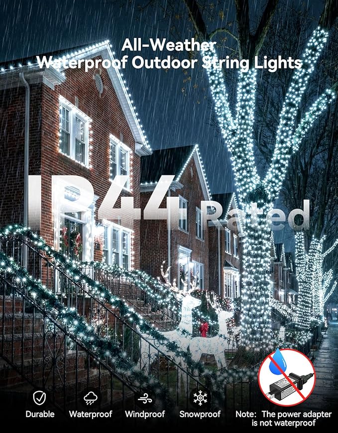 LitHome 328FT 1000 LED String Lights Outdoor Indoor, 8 Modes Waterproof Christmas String Lights with Timer & Memory Function, Outdoor Christmas Lights Green Wire for Xmas Tree Party Garden, White