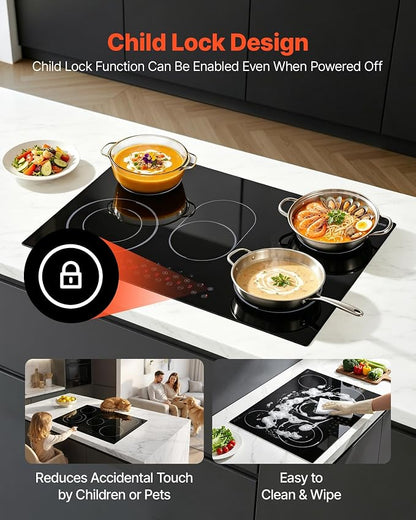 VEVOR Electric Cooktop 30inch 5 Burners Stove Top 8900W 220V No Plug, Ceramic Built-in Radiant Electric Stove, with 9 Power Levels, Timer, Child Lock, Over-Heat Guard, Touch Control