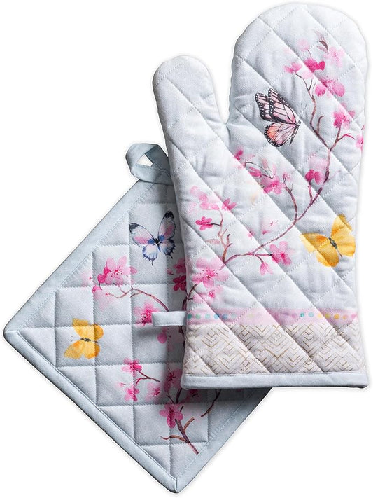 Maison d' Hermine 100% Cotton Oven Mitt & Pot Holder Set (7.5"x13" & 8"x8") Heat Resistant BBQ Cooking Gloves with Loop Baking Grilling Kitchen Hotel Home Farmhouse Spring Summer (Blossoms in Spring)