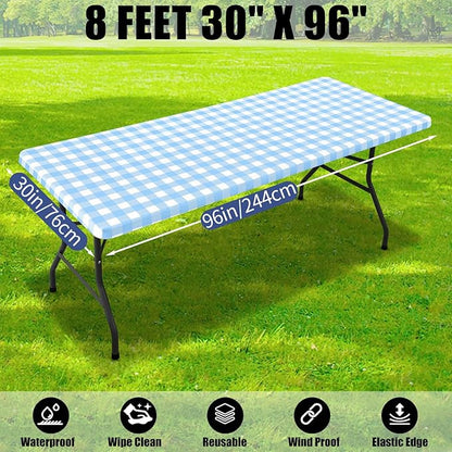 Smiry Picnic Table Cloth 2 Pack, Waterproof Elastic Fitted Tablecloths for 8FT Rectangle Tables, Washable Polyester Buffalo Plaid Tablecloth for Camping & Outdoor (Light Blue & White, 30" x 96")