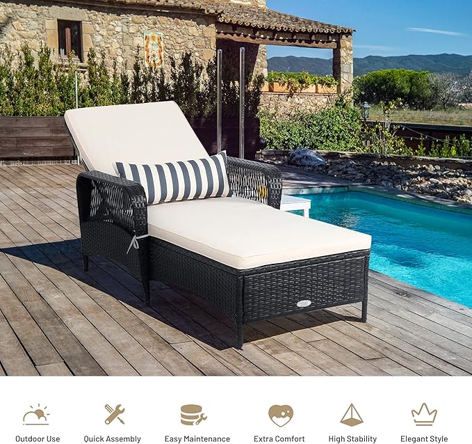 COSTWAY PE Rattan Chaise Lounge Chair, 6 Gear Adjustable Recliner with Armrest & Pillow, Wicker Outdoor Furniture for Deck, Patio (2, Black)