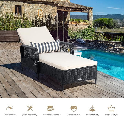 COSTWAY PE Rattan Chaise Lounge Chair, 6 Gear Adjustable Recliner with Armrest & Pillow, Wicker Outdoor Furniture for Deck, Patio (2, Black)