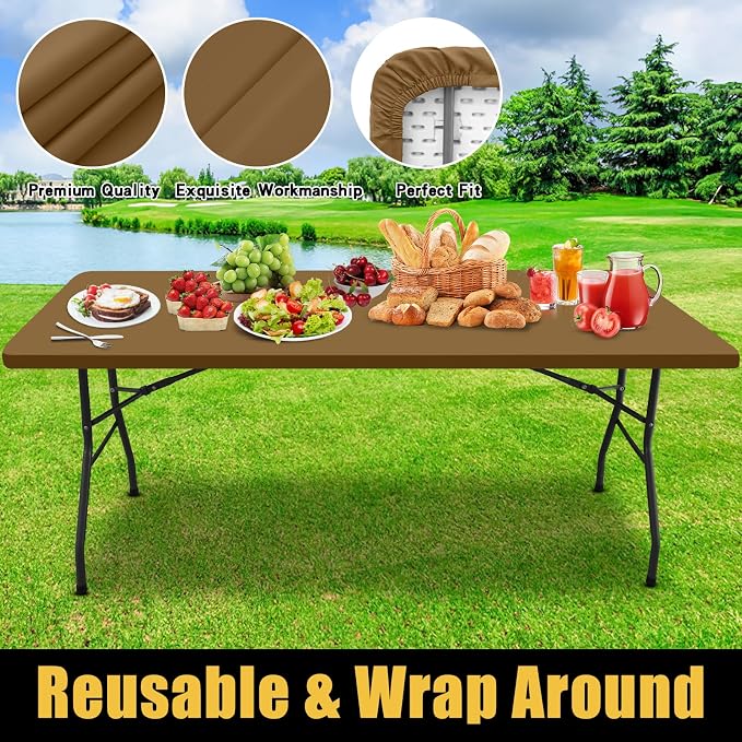 Smiry Rectangle Picnic Table Cloth, Waterproof Elastic Fitted Tablecloths for 4 Foot Tables, Washable Polyester Table Cover for Camping, Indoor and Outdoor (Brown, 24"x48")