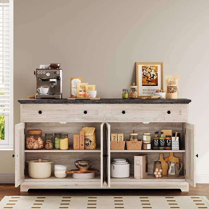 IRONCK Buffet Cabinet with Storage, Sideboard Cabinet with Drawers & Doors | 2 Drawers, 4 Doors and 2 Adjustable Shelves. 59inch Wide. FSC-certified Wood. Anti-tip Device. Charcoal Grey and Beige Maple.