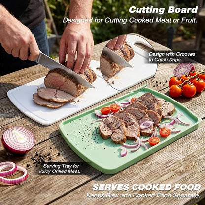 Sunmei Grill Prep and Serving Trays, 3-in-1 Stackable BBQ Food Tray, 5PCS BBQ Serving Set with Marinating Container, Serving Platter, Cutting Board and 2PCS Colored 12-Inch Grill Tongs (Green)