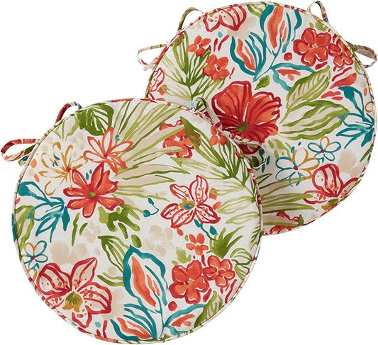 Set of 2 Outdoor 18 inch Round Patio Dining Chair Pads – Comfortable Fiber-Filled Seat Cushions with Ties, Reversible Polyester Fabric - Breeze Floral
