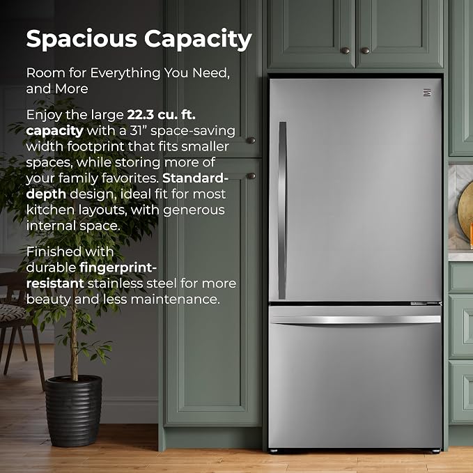 Kenmore 22.3 cu. ft. 31" Bottom Freezer Refrigerator - FPR Stainless Steel | Ice Maker, Adjustable Glass Shelving, Crispers Drawers, LED Lighting, Fingerprint Resistant SS, ENERGY STAR Certified