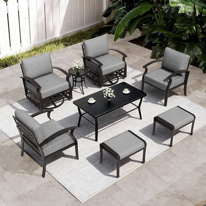 ALAULM Aluminum Patio Furniture Set with Coffee Table Rectangular, 6-seat Outdoor Sectional Furniture w/Swivel Chairs and 2 Ottomans, Patio Conversation Set for Porch, Backyard, Poolside-Grey