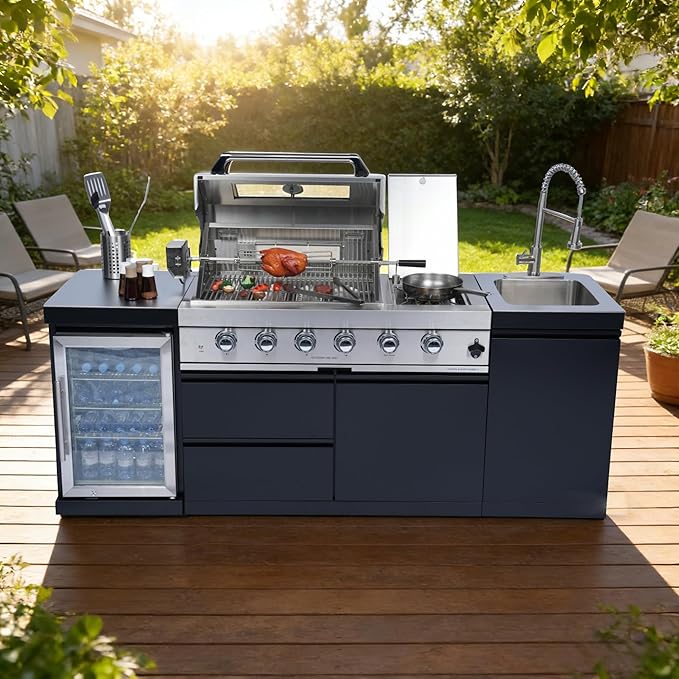 85-Inch Outdoor Kitchen Bar Island Grill with 72000 BTU, Propane Gas, 4-Burner Outdoor Kitchen Bar Island Grill with Wine Cooler Compact Refrigerator, Rotisserie Kit, Stainless Steel Countert, Black