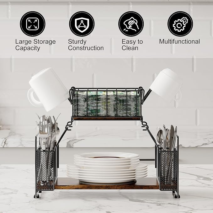TQVAI Buffet Caddy, 2 Tier Countertop Paper Plate Organizer with Silverware Holder Mugs Hook Napkin Basket, Serving for Catering Supplies Buffet Display Hosting Thanksgiving Essentials, Black/Antique