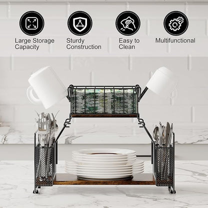 TQVAI Buffet Caddy, 2 Tier Countertop Paper Plate Organizer with Silverware Holder Mugs Hook Napkin Basket, Serving for Catering Supplies Buffet Display Hosting Thanksgiving Essentials, Black/Antique