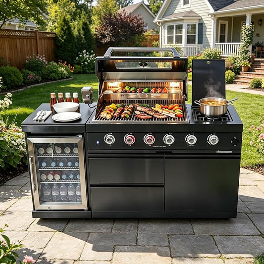 Outdoor Gas Grill Island with Side Burner,Refrigerator,4-Burner 72,000 BTU BBQ Grill, Infrared Rotisserie, Granite Countertop, Stainless Steel Outdoor Kitchen.(Black+65in)