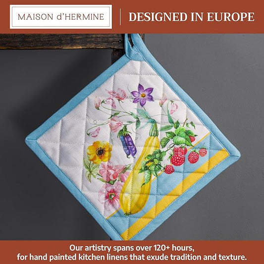 Maison d' Hermine Pot Holders 100% Cotton Heat Resistant Potholders 8" x 8" Hot Pads with Loop BBQ Cooking Baking Hotel Farmhouse Kitchen Handling Hot Pans Spring Summer (Pack of 1, Giverny)