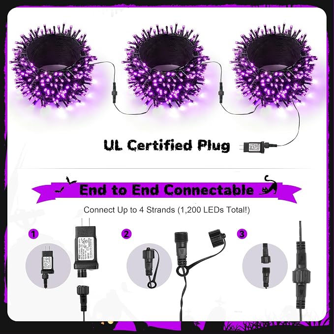 WBao Halloween Lights 300LED 108ft, Super Bright LED String Lights with UL Certified, 8 Lighting Modes, Timer, Connectable, Memory & Waterproof for Indoor Outdoor Halloween Decorations, Purple