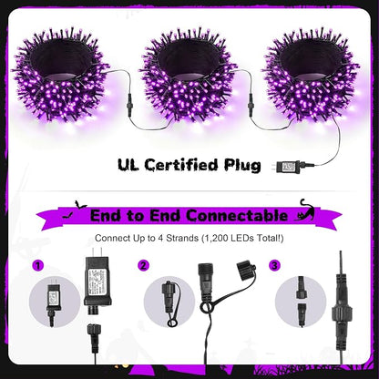 WBao Halloween Lights 300LED 108ft, Super Bright LED String Lights with UL Certified, 8 Lighting Modes, Timer, Connectable, Memory & Waterproof for Indoor Outdoor Halloween Decorations, Purple