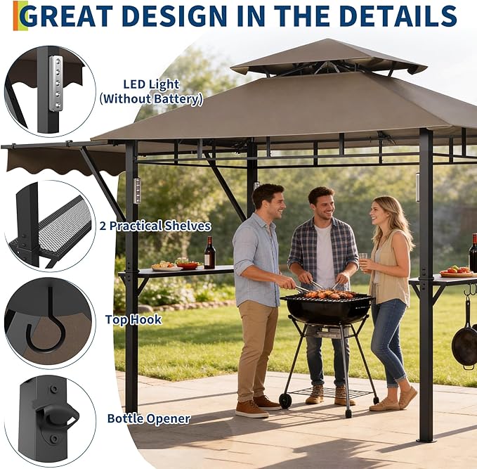8x5 ft Grill Gazebo, Double Tired Outdoor Patio Canopy Tent with Side Awning Shelves,4 LED Lights,10 Hooks & Bottle Opener,Heavy Duty Steel Frame Grilling Canopy for Patio Backyard Garden Picnic,Brown