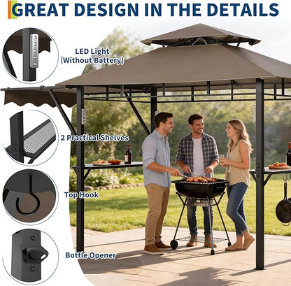 8x5 ft Grill Gazebo, Double Tired Outdoor Patio Canopy Tent with Side Awning Shelves,4 LED Lights,10 Hooks & Bottle Opener,Heavy Duty Steel Frame Grilling Canopy for Patio Backyard Garden Picnic,Brown