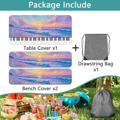 Piano Keyboard Picnic Table Cover with Bench Covers, Camping Essentials, Beach Seaside Sunset Purple Waterproof Windproof, Fitted Tablecloth Cover with Elastic Edge for Outdoor Garden 3 PCS 30x60 Inch