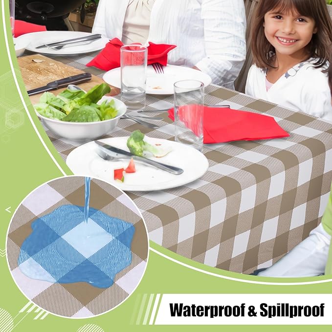 Smiry Picnic Table Cloth, Vinyl Tablecloths with Flannel Backing, 52"x70" | Waterproof Rectangle Table Cloth, Wipeable Buffalo Plaid Table Cover for Indoor and Outdoor (Khaki & White)