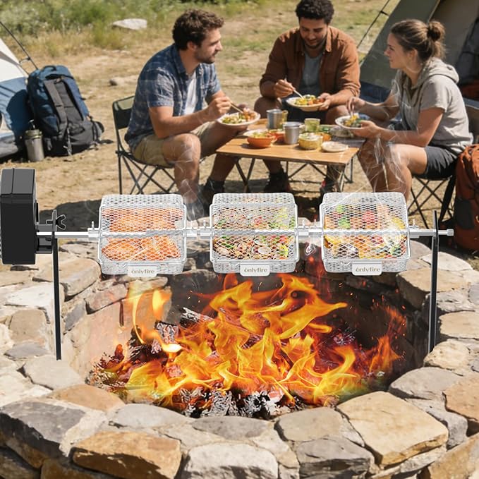 onlyfire Stainless Steel Grill Rotisserie Basket Kit, Great for Cooking Various Foods at the Same Time, Set of 3