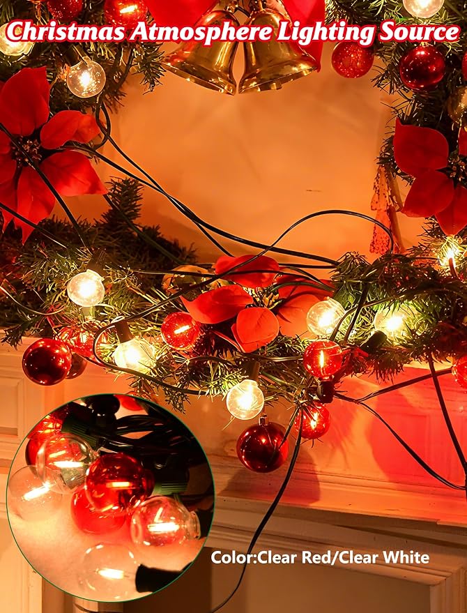 SUNSGNE Red and White Christmas Lights, 50FT G40 Globe Christmas Lights with 27 LED Round Xmas Light Bulbs(2 Spare) for Outdoor Roofline Patio Yard Decorations, E12 Socket, Green Wire